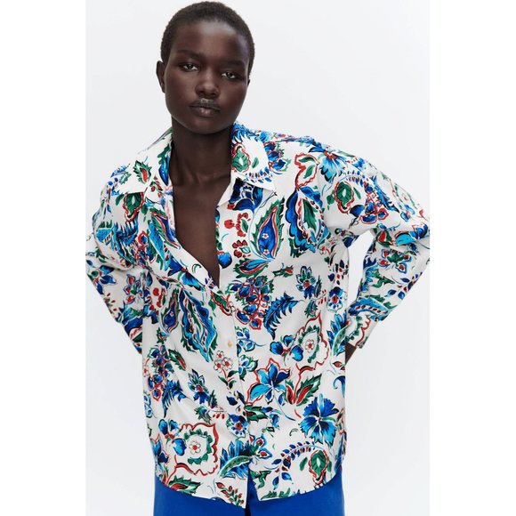 NEW Zara POPLIN Button up Floral Shirt Blouse- Size M OVERSIZED - Picture 4 of 16